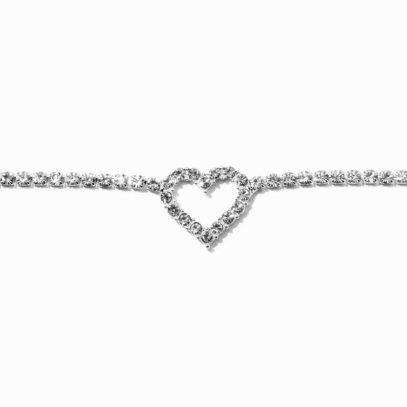Claire’s Choker Necklace Silver-tone Faux Rhinestone Heart Pendant - Picture 1 of 8